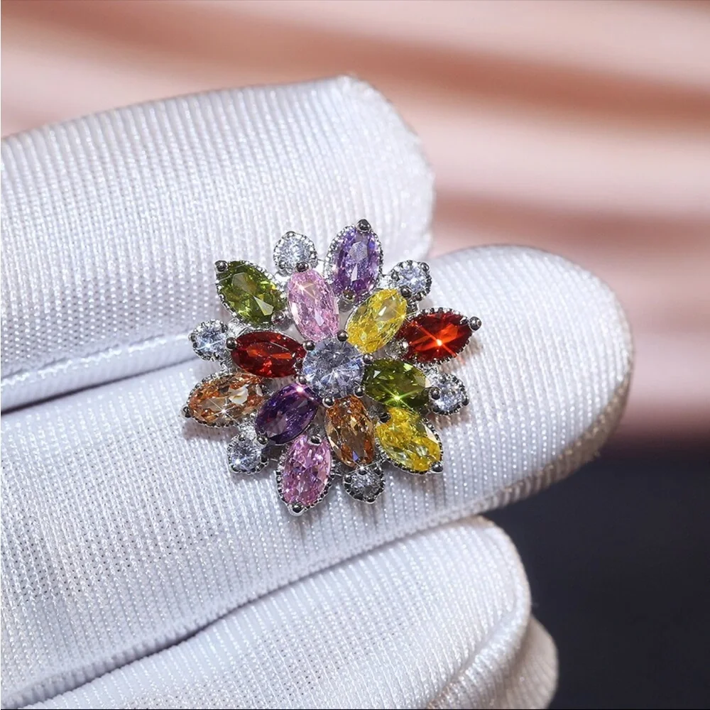 New Women’s 925 Silver Beautiful Flower Colorful Zircon Stud Earrings - Picture 5 of 7